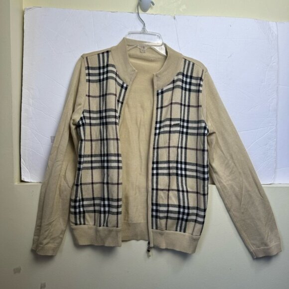 BALENCIAGA Nova Check Zip Cardigan Knit Jacket Sweater Logo Neutral Tan Wool S - Picture 3 of 16